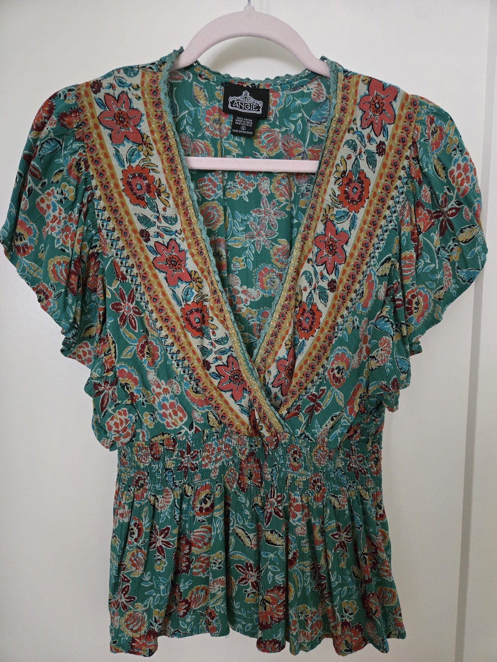 Angie Teal Floral Boho Wrap Blouse